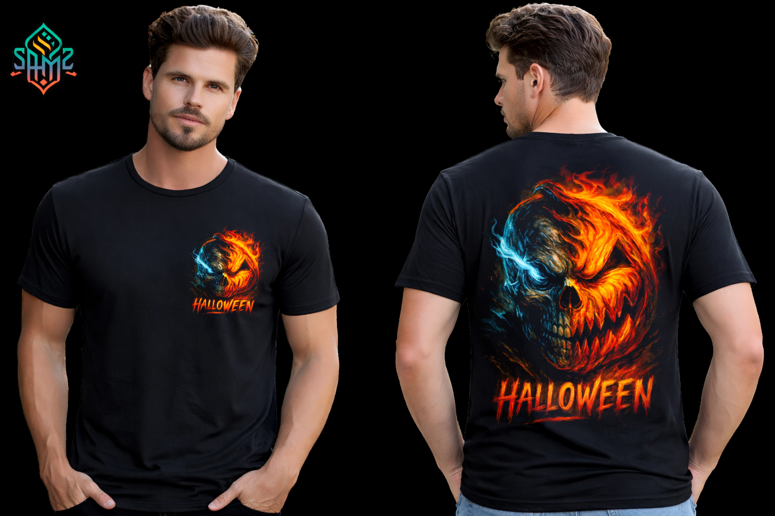 Halloween Skull T-Shirt – Fire and Ice Flaming Skull Graphic Tee, Horror Goth Streetwear Shirt for Men, Spooky Halloween Costume Top