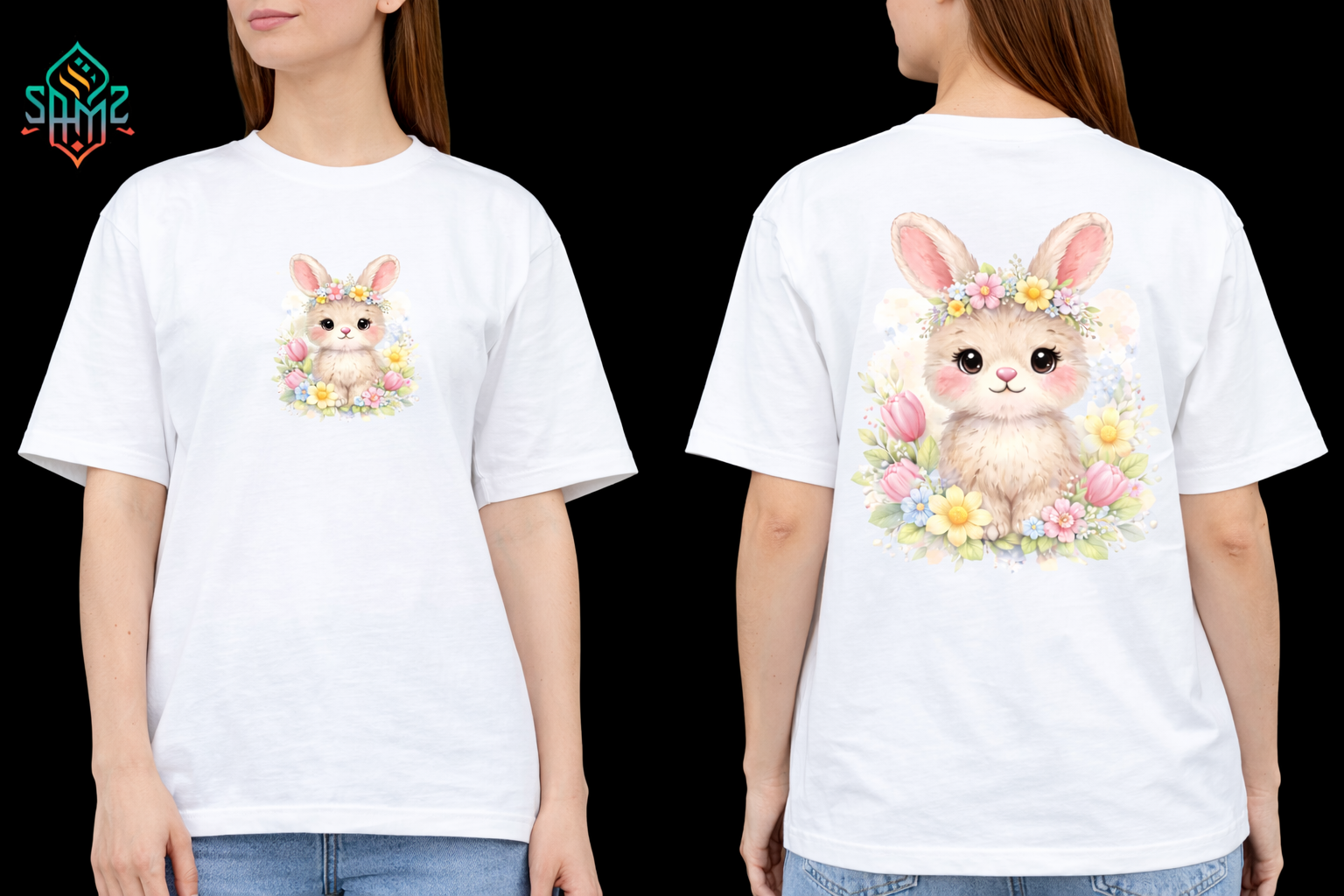 Adorable Floral Bunny T-Shirt – Cute Pastel Rabbit Graphic Tee, Spring Easter Shirt for Women & Girls, Soft Aesthetic Animal Design