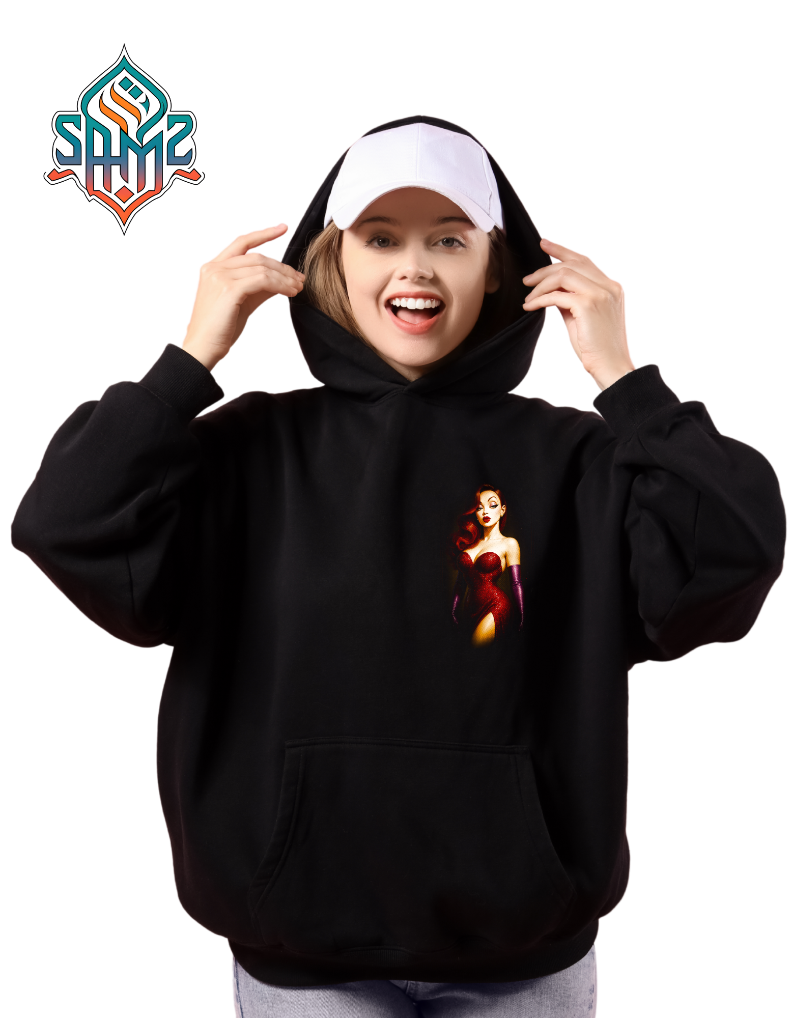 Red Dress Glamour Graphic Hoodie – Sexy Streetwear Hoodie, Aesthetic Woman Art Hoodie, Fashion Graphic Hoodie | SAMZ24