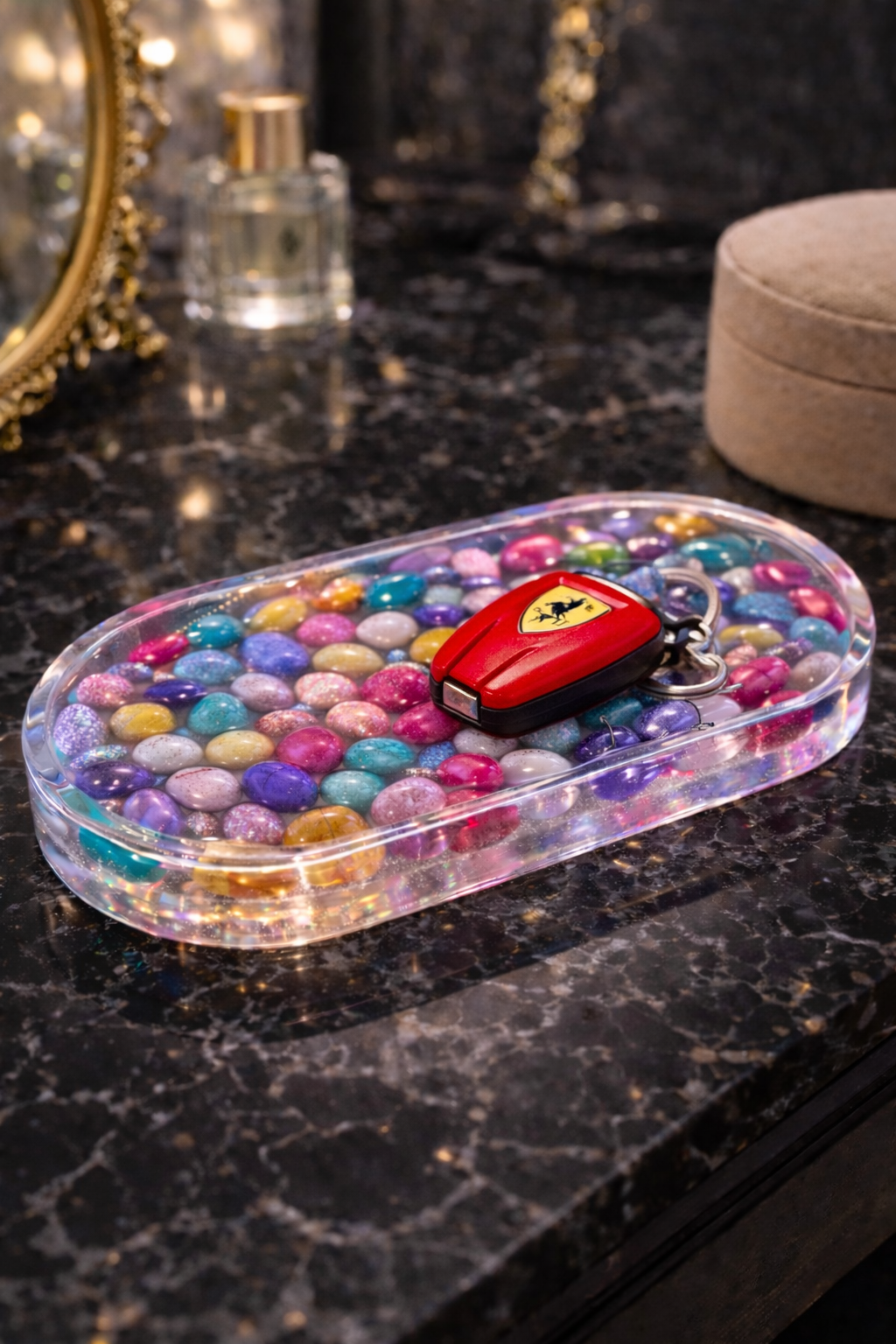 Luxury Transparent Resin Jewelry Tray with Colorful Crystal Pebbles – Handmade Modern Vanity Organizer | SAMZ24