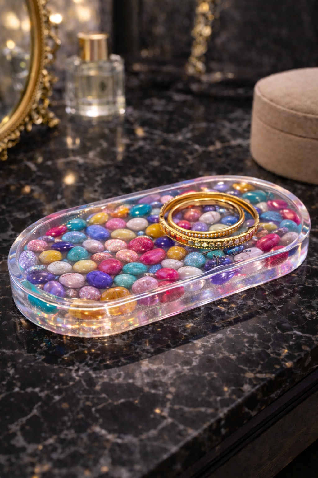 Luxury Transparent Resin Jewelry Tray with Colorful Crystal Pebbles – Handmade Modern Vanity Organizer | SAMZ24