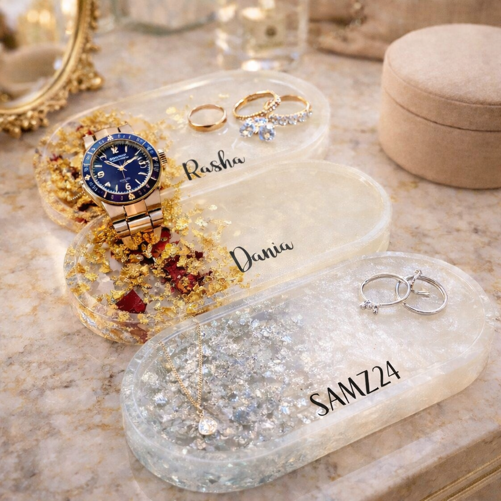 Personalized Epoxy Resin Jewelry Tray – Custom Name Luxury Trinket Dish with Gold & Silver Leaf | Handmade Vanity Organizer by SAMZ24