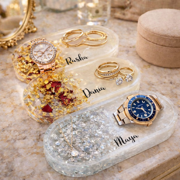 Personalized Epoxy Resin Jewelry Tray – Custom Name Luxury Trinket Dish with Gold & Silver Leaf | Handmade Vanity Organizer by SAMZ24