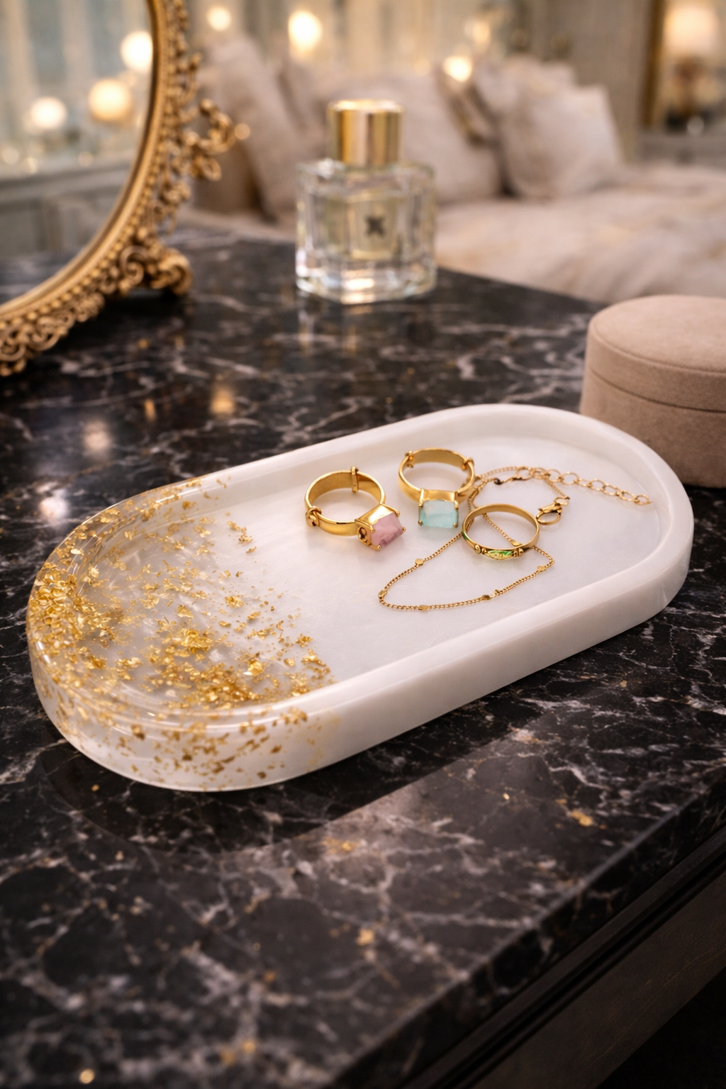 Luxury White Epoxy Resin Jewelry Tray with Gold Leaf – Handmade Oval Trinket Dish for Rings, Watches & Vanity Decor | SAMZ24
