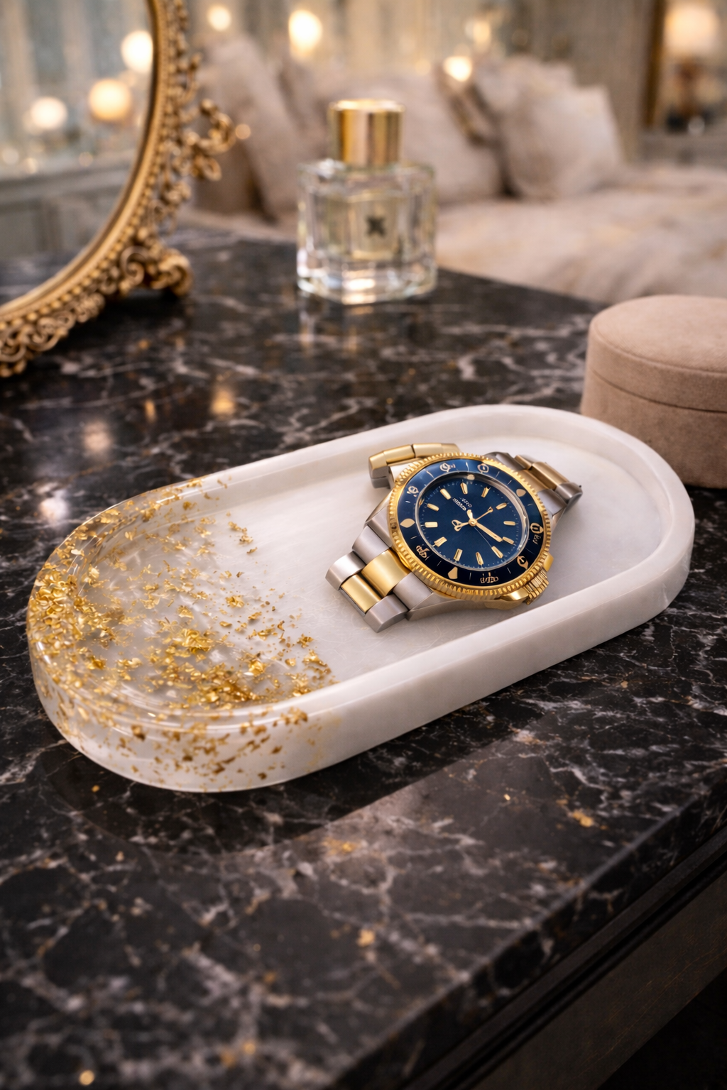 Luxury White Epoxy Resin Jewelry Tray with Gold Leaf – Handmade Oval Trinket Dish for Rings, Watches & Vanity Decor | SAMZ24