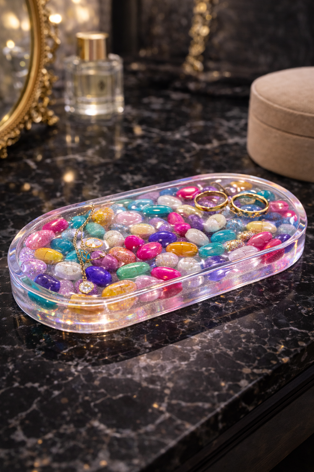 Luxury Transparent Resin Jewelry Tray with Colorful Crystal Pebbles – Handmade Modern Vanity Organizer | SAMZ24