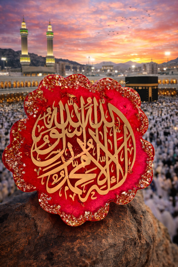 Islamic First Kalima Wall Decor – Handmade Resin Islamic Art – Shahada Arabic Calligraphy – Kaaba Inspired Muslim Home Décor – Eid & Ramadan Gift
