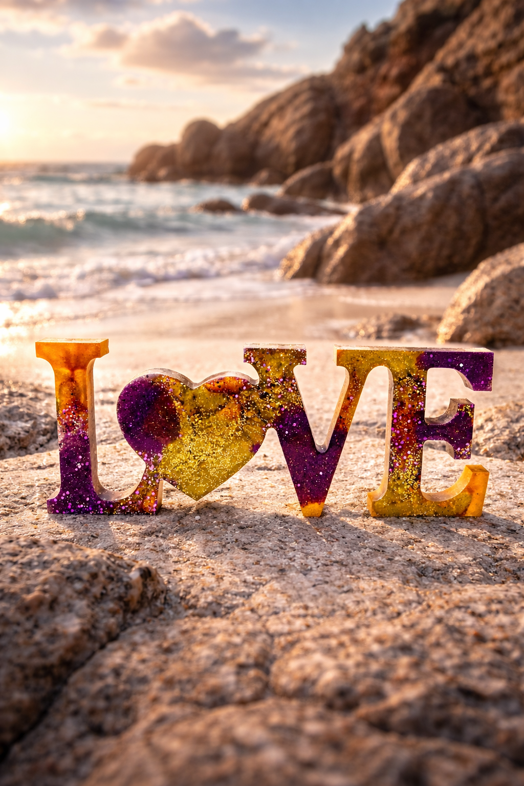 Luxury Epoxy Resin LOVE Sculpture – Handmade Glitter Resin Art Decor | Modern Romantic Home & Beach House Table Decoration