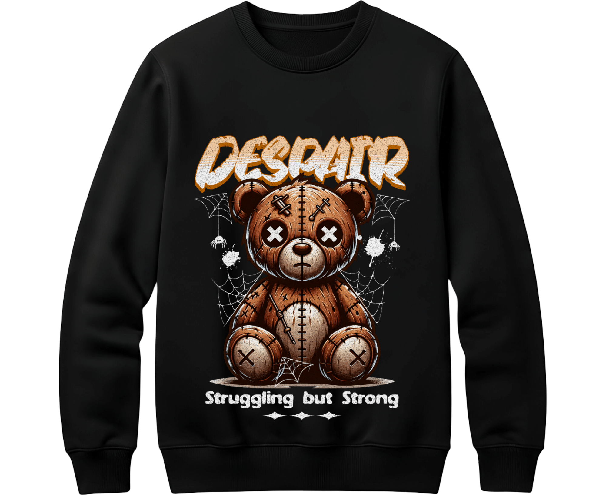 Despair Teddy Bear Sweatshirt – Struggling But Strong Black Graphic Crewneck