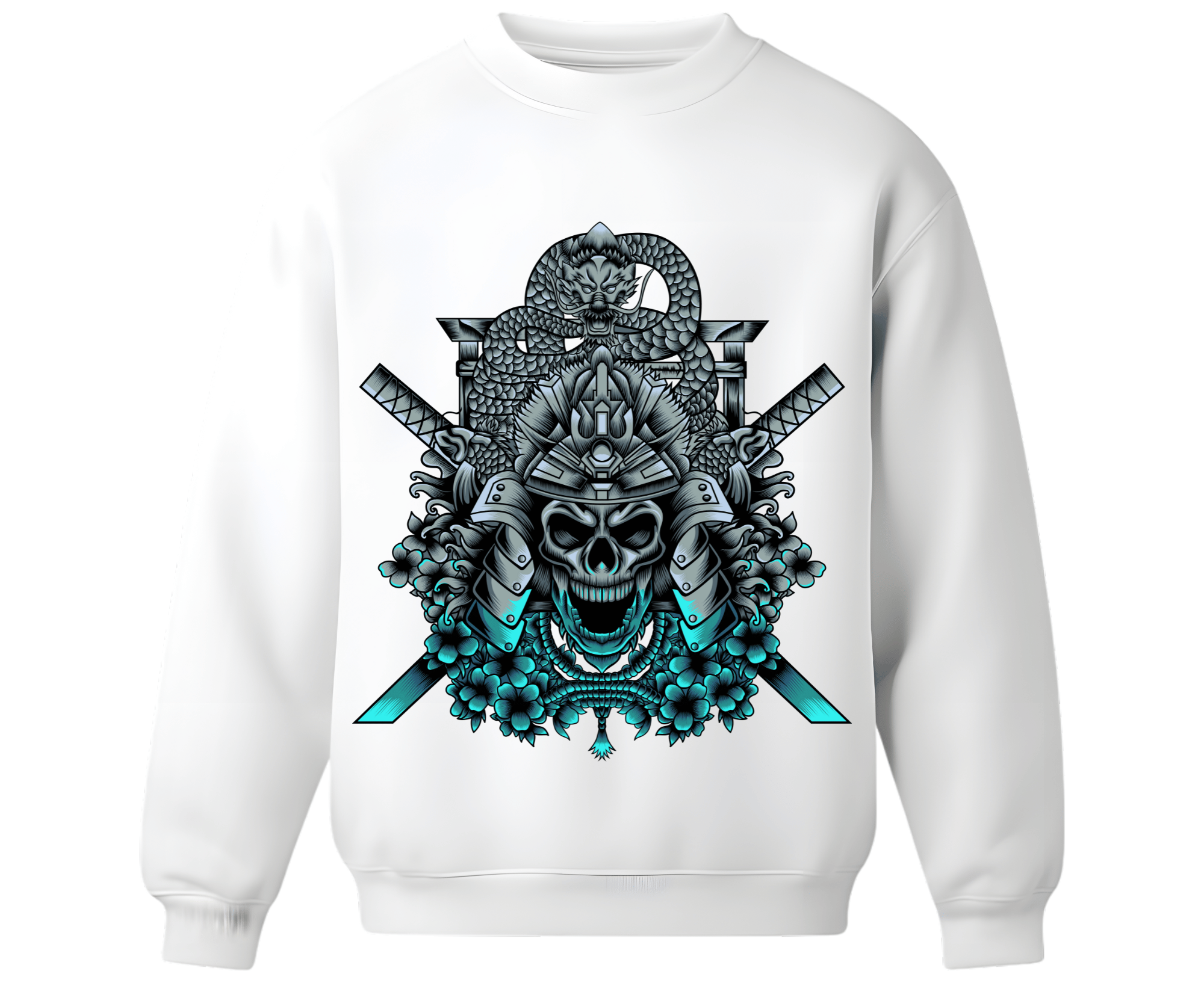 Samurai Skull Dragon Sweatshirt – Premium White Japanese Warrior Graphic Crewneck